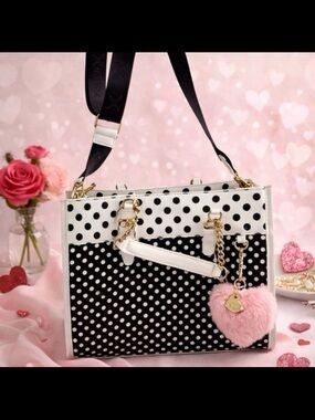Betsey Johnson Black and White Polka Dot Shoulder Bag with Pink Heart Charm